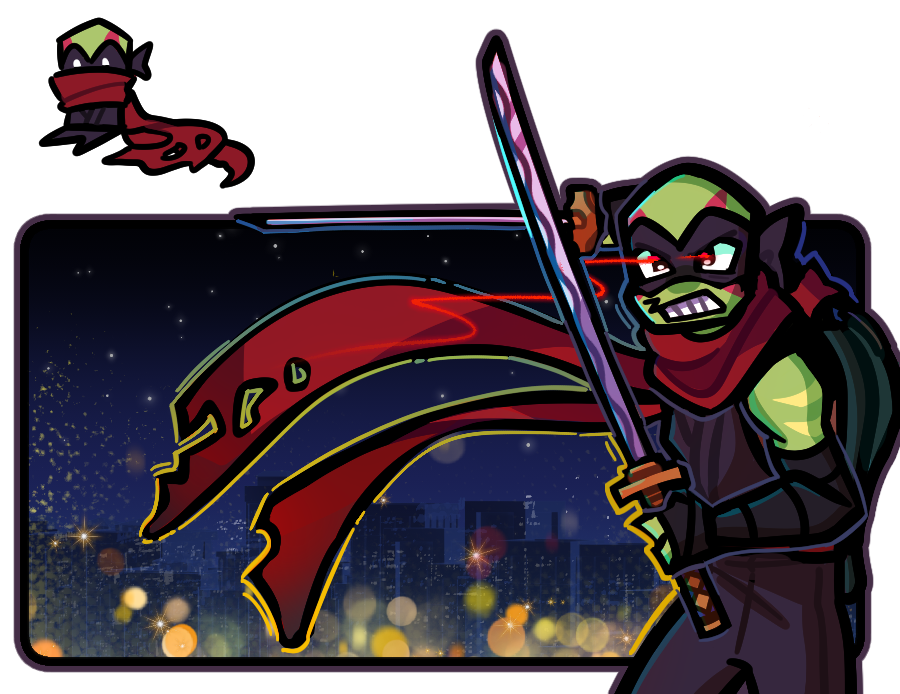 An aggravates Leo holding his swords up in front of a city background.  On the top left corner is a silly doodle of him sitting down.